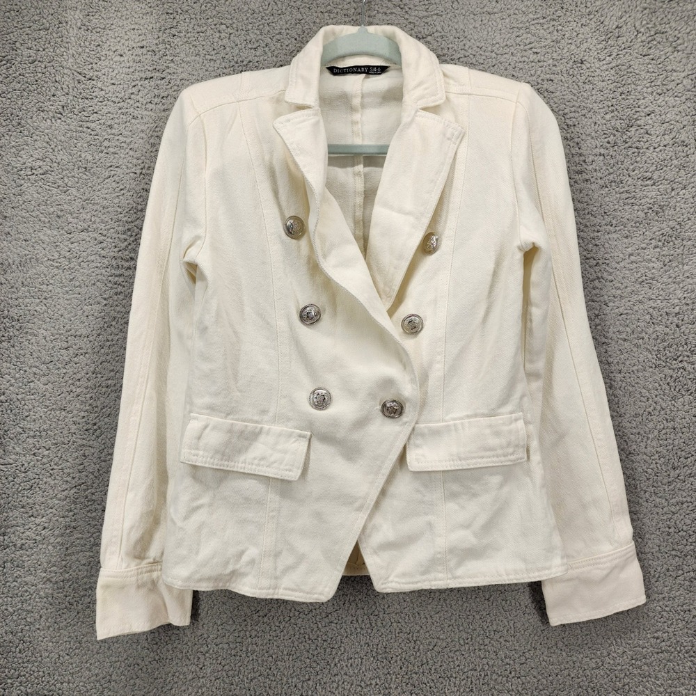 Dictionary Womens Ivory‎ Cotton Double Breasted Blazer Crest Buttons Small 4/6